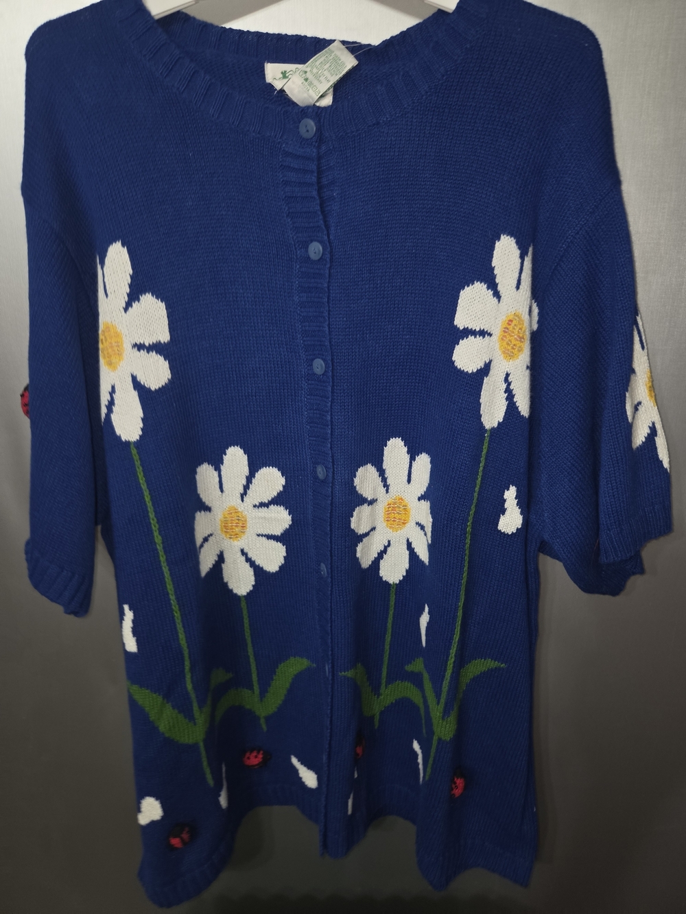 WOMENS ADORABLE QUACKER FACTORY DAISY W/ LADYBUGS BUTTON DOWN SWEATER. 3X NWT